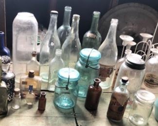 Antique glass bottles and canning jars, small pharmacy bottles (MANY more)