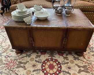 Rattan table with two storage drawers