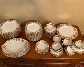 Noritake Christmas Ball #175 gold encrusted china dinner plates, salad plates, cups and saucers, oval plate and vegetable bowl for 10+/-