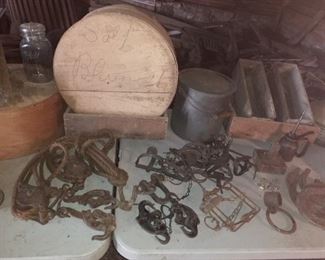 wooden cheese box, pulleys & traps