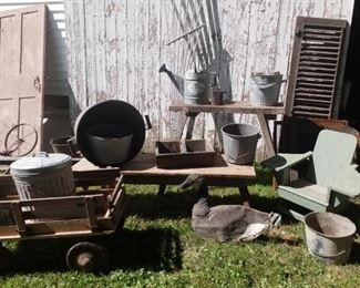 metal buckets, wooden wagon & benches
