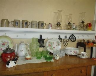 china, glass, stoneware mugs & oil lamps
