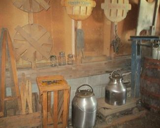 scale, milk pails & bushel basket lids
