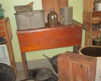 dough box, crock & cast iron pans