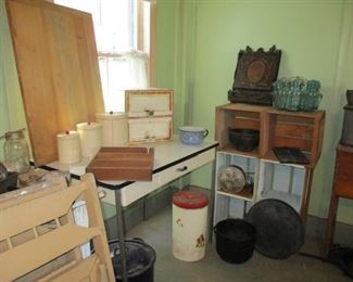 enamel topped table & kitchen items