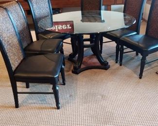 GLASSTOP TABLE WITH METAL BASE, 6 HIGHBACK CHAIRS.  THERE IS ALSO A PICTURE SHOWING HOMEMADE CARD TABLETOP WITH GREEN FELT.  SOLD SEPARATELY
