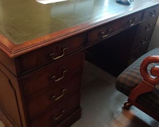 ANTIQUE PARTNERS DESK.  SOUBLE SIDED WITH LEATHER TOP