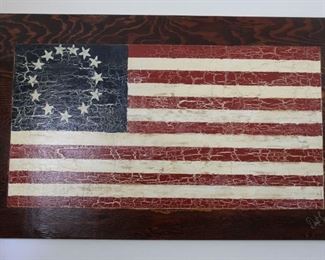 #23 $100.00 Painted wooden Flag Signed 2001 can’t make out name 36" X 60"