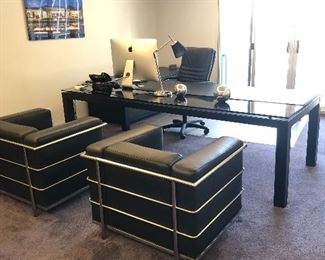(2) Fine Italian metal, glass, and leather combo desks 98"x39"