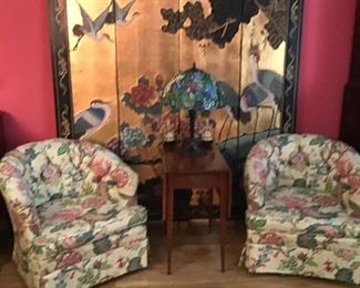 4 Panel 2 Sided Screen, Cherry Henkel Harris Dropleaf Table, upholstered Swivel Barrel Chairs, Reproduction Lamp