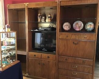 Lighted Thomasville Wall Unit, Collector Plates, TV, VHS, Beer Steins (2 Musical)