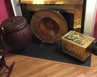 Large Woven Basket with Metal, Decorative Platter and Stand, Tinder Box