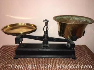 Heavy cast iron Beam Scale with polished brass tray and bowl.