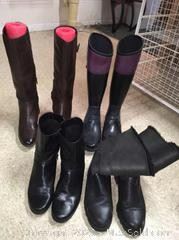 Four pair womans boots size 9. Includes Hunter Muck Boots, Sam Edlemann suede-leather and Anne Klein.