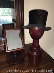 Antique Top Hat, Solid Wood Hat Stand, Antique Optometry Mirror