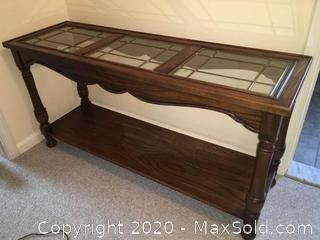 Oak sofa table with glass inserts 