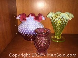 Fenton hobnail pieces , Cranberry opalescent ruffle vase. Yellow hobnail opalescent trumpet vase and small cranberry hobnail vase.