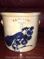 Antique R.A. White & Son Utica NY 2 Gallon Slip Decorated Stoneware Crock