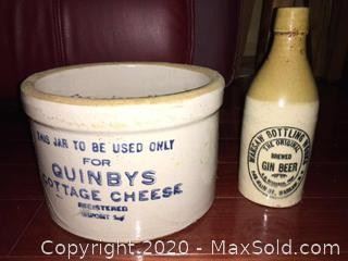 Stoneware Cottage Cheese Crock and Stoneware Beer Bottle