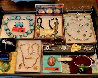 Old Czech Glass Suite + Abiste Designer Necklace + Sterling Turquoise + H.P. Victorian Portrait Brooch + 14k Gold + Essex Glass Americana Brooch + 14k Pearl Jet Glass Earrings