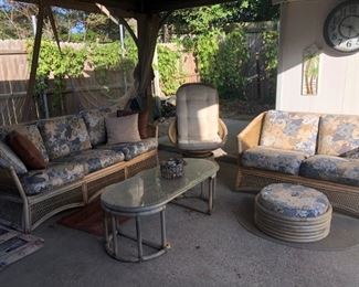 5 piece Bamboo outdoor set. Couch, Loveseat, ottoman, rocker, and coffee table.