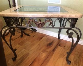 Stone and glass end table with iron base