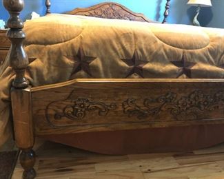 King of Solid Oak California King Bed.  Headboard and footboard are hand carved.