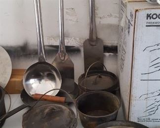 Cast iron & large ladle, stirring paddles 