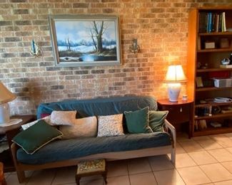 Clic Clak Style Sofa/Bed, Throw Pillows, Art Work, End Tables, Lamps, Sconces, Oak Book Case