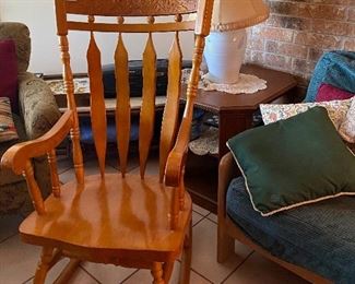 Wooden Rocker, End Table, Lamp