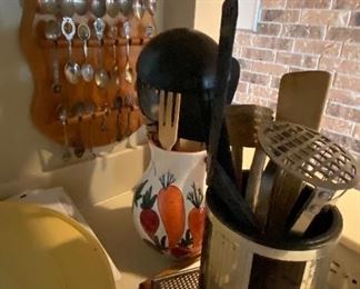 Collection of Spoons on Wall Plaque, Assorted Kitchen Utensils