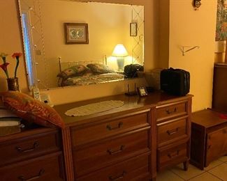 Beveled Wall Mirror, Dresser, Wooden Box