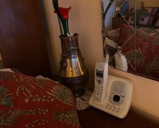 Land Line Phone, Glass Blown Flowers in Pitcher Vase