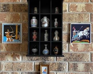 Assorted Mini Vases & Shadow Box Style Display, Framed Water Color Sailboat, Tile Art
