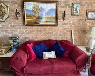 Sconces, Art Work, Love Seat with Cover, Marble Top End Tables