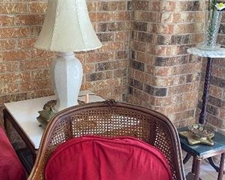 Cane Back Side Chair, Marble Top End Table, Marble Top Plant Stand