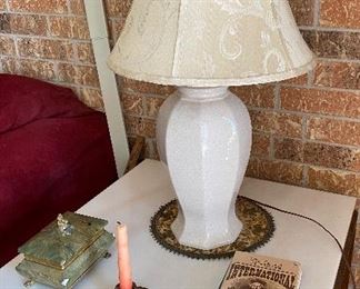 Marble Top End Table, Lamp, Candlestick, Books Treasure Box