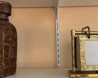 Brass Flip Picture Frames, Carved Leather Overlay Wine Bottle