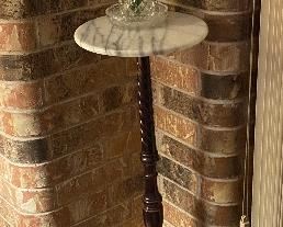 Marble Top Plant Stand, Glass Flowers in Vase, Small Marble Top End Table, Cloisonne' 