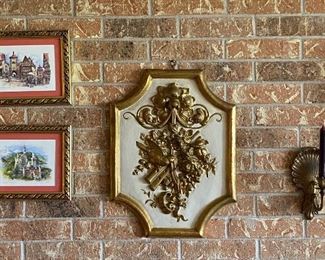 Konigsschloss Neuschwanstein, Framed Rothenburg O.D. Tauber, Wall Decor' Gold Overlay, Pair of Wall Sconces
