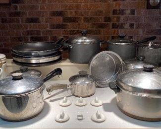 Gevala Coffee Cannister & Coffee Cups, Revereware Pots & Pans, Assorted Skillets, Sauce Pans