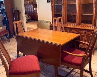 Thomasville Dining Set with Two Extra Leaves & Six Woven Back Chairs, Thomasville China Cabinet