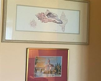 Framed Signed Art Seashells by D. Morgan, Needlepoint of a Church