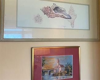 Framed Signed Art Seashells by D. Morgan, Needlepoint of a Church