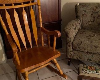 Wooden Hand Carved Design Rocking Chair, Oversized Tapestry Side Chair