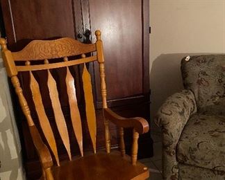 Wooden Hand Carved Design Rocking Chair, Oversized Tapestry Side Chair