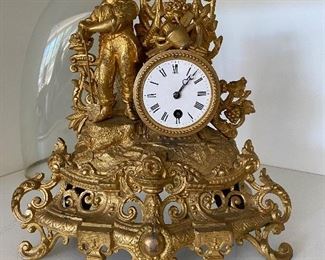 French antique mantel clock - fire gold-plated 14"H x 13.75"W Dome is behind without base, in the style or possibly Phillipe H. Mourey, includes key