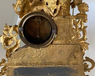 French antique mantel clock - fire gold-plated 14"H x 13.75"W Dome is behind without base, in the style or possibly Phillipe H. Mourey, includes key