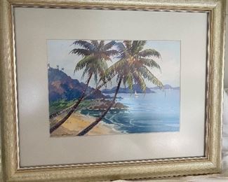 Island/Beach Scene Watercolor Signed Tatiana, artist from Sao Paulo, Brazil in the early 1950’s.                          18.5 W X 15" T