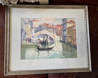 Venice's Bridges and Gondola Watercolor 21.5w x 17.5 T Signed CXP 79